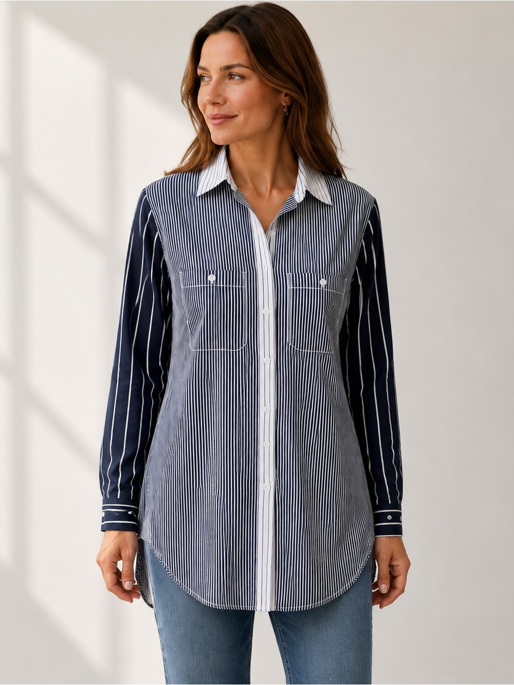 Lauren Ralph Lauren Women’s Medium Navy White Mixed Stripe Tunic Blouse Nautical - Picture 1 of 10